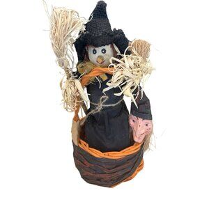 Vintage Paper Mache Halloween Wicker Basket Cornhusk Doll Wicker Creepy Doll